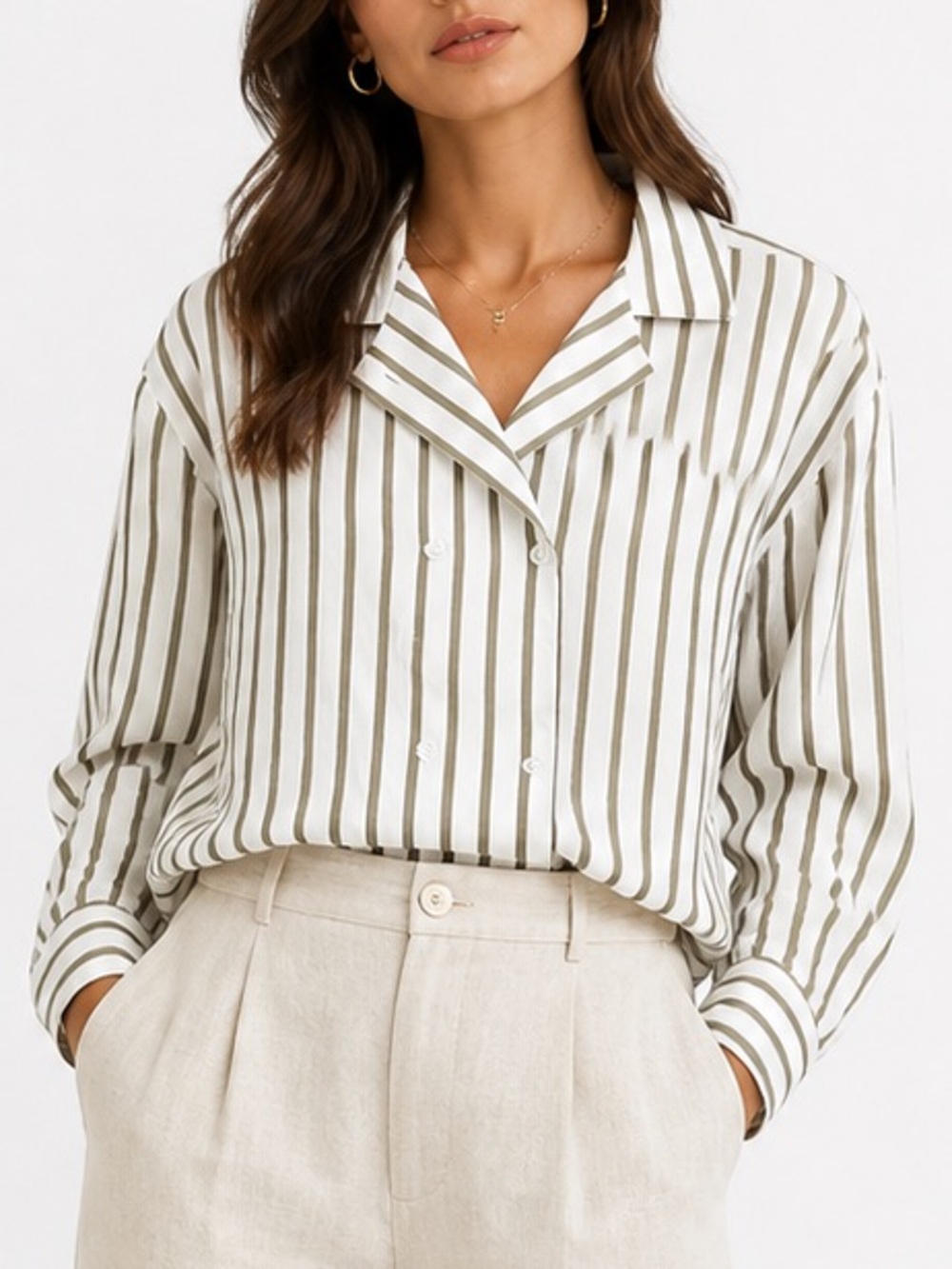 Vintage DVF White/Green Striped Double Breasted Buttoned Cotton Shirt Size M